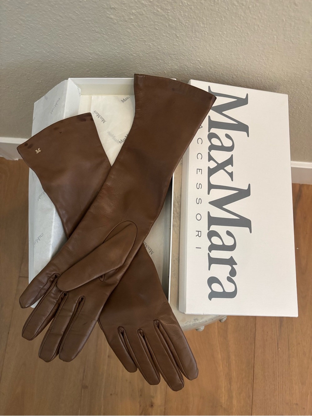 MaxMara Long Brown Nappa Leather Opera Gloves